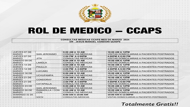 La Municipalidad Distrital de Lunahuaná, pone de conocimiento a la población en general el Rol del Medio encargado de las CCAPS de nuestra jurisdicción. 
👉𝐉𝐮𝐞𝐯𝐞𝐬 𝟎𝟕 𝐝𝐞 𝐦𝐚𝐫𝐳𝐨 // 𝐀𝐧𝐞𝐱𝐨 𝐒𝐚𝐧 𝐣𝐞𝐫𝐨𝐧𝐢𝐦𝐨
8:00 am a 10 am - Consultas medicas
10:00 am a 12pm - Visitas domiciliarias a pacientes postrados
👉𝐉𝐮𝐞𝐯𝐞𝐬 𝟎𝟕 𝐝𝐞 𝐦𝐚𝐫𝐳𝐨 // 𝐀𝐧𝐞𝐱𝐨 𝐉𝐢𝐭𝐚
2:00 pm  a 4:00pm - Consultas médicas 
4:00pm a 6:00 pm - Visitas domiciliarias a pacientes postrados
👉𝐒𝐚𝐛𝐚𝐝𝐨 𝟎𝟗 𝐝𝐞 𝐦𝐚𝐫𝐳𝐨 // 𝐀𝐧𝐞𝐱𝐨 𝐋𝐚𝐧𝐠𝐥𝐚
8:00 am a 10 am - Consultas médicas
10:00 am a 12pm - Visitas domiciliarias a pacientes postrados
👉𝐉𝐮𝐞𝐯𝐞𝐬 𝟏𝟒 𝐝𝐞 𝐦𝐚𝐫𝐳𝐨 // 𝐀𝐧𝐞𝐱𝐨 𝐏𝐚𝐮𝐥𝐥𝐨
8:00 am a 10 am - Consultas médicas
10:00 am a 12pm - Visitas domiciliarias a pacientes postrados
👉𝐉𝐮𝐞𝐯𝐞𝐬 𝟏𝟒 𝐝𝐞 𝐦𝐚𝐫𝐳𝐨 // 𝐀𝐧𝐞𝐱𝐨 𝐋𝐮𝐜𝐮𝐦𝐨
2:00 pm  a 4:00pm - Consultas médicas
4:00pm a 6:00 pm - Visitas domiciliarias a pacientes postrados
👉𝐒𝐚𝐛𝐚𝐝𝐨 𝟏𝟔 𝐝𝐞 𝐦𝐚𝐫𝐳𝐨 // 𝐀𝐧𝐞𝐱𝐨 𝐔𝐜𝐡𝐮𝐩𝐚𝐦𝐩𝐚
8:00 am a 10 am - Consultas médicas
10:00 am a 12pm - Visitas domiciliarias a pacientes postrados
👉𝐉𝐮𝐞𝐯𝐞𝐬 𝟐𝟏 𝐝𝐞 𝐦𝐚𝐫𝐳𝐨 // 𝐀𝐧𝐞𝐱𝐨 𝐂𝐨𝐧𝐝𝐨𝐫𝐚𝐲 
8:00 am a 10 am - Consultas médicas
10:00 am a 12pm - Visitas domiciliarias a pacientes postrados
👉𝐉𝐮𝐞𝐯𝐞𝐬 𝟐𝟏 𝐝𝐞 𝐦𝐚𝐫𝐳𝐨 // 𝐀𝐧𝐞𝐱𝐨 𝐂𝐚𝐭𝐚𝐩𝐚𝐥𝐥𝐚
2:00 pm  a 4:00pm - Consultas médicas 
4:00pm a 6:00 pm - Visitas domiciliarias a pacientes postrados
👉𝐒𝐚𝐛𝐚𝐝𝐨 𝟐𝟑 𝐝𝐞 𝐦𝐚𝐫𝐳𝐨 // 𝐀𝐧𝐞𝐱𝐨 𝐒𝐚𝐧 𝐉𝐞𝐫𝐨́𝐧𝐢𝐦𝐨
8:00 am a 10 am - Consultas médicas
10:00 am a 12pm - Visitas domiciliarias a pacientes postrados
👉𝐒𝐚𝐛𝐚𝐝𝐨 𝟑𝟎 𝐝𝐞 𝐦𝐚𝐫𝐳𝐨 // 𝐀𝐧𝐞𝐱𝐨 𝐑𝐚𝐦𝐚𝐝𝐢𝐥𝐥𝐚 / 𝐂𝐨𝐧𝐂𝐨𝐧
8:00 am a 10 am - Consultas médicas
10:00 am a 12pm - Visitas domiciliarias a pacientes postrados
👉𝐃𝐨𝐦𝐢𝐧𝐠𝐨 𝟑𝟏 𝐝𝐞 𝐦𝐚𝐫𝐳𝐨 // 𝐀𝐧𝐞𝐱𝐨 𝐒𝐨𝐜𝐬𝐢
8:00 am a 10:00 am - Consultas médicas
10:00 am a 12:00pm - Visitas domiciliarias a pacientes postrados

#EnGestionChavelonEsLaSolucion 

𝑺𝒆 𝒂𝒈𝒓𝒂𝒅𝒆𝒄𝒆 𝒔𝒖 𝒅𝒊𝒇𝒖𝒔𝒊𝒐́𝒏 / 𝑼𝒏𝒊𝒅𝒂𝒅 𝒅𝒆 𝑰𝒎𝒂𝒈𝒆𝒏 𝑰𝒏𝒔𝒕𝒊𝒕𝒖𝒄𝒊𝒐𝒏𝒂𝒍