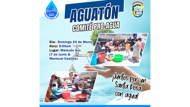 El Comité Pro-Agua en organización con la Municipalidad de Santa Rosa llevarán a cargo el AGUATÓN, así que estimado vecino de Santa Rosa, pedimos de su apoyo, ¡juntos por un Santa Rosa con Agua!