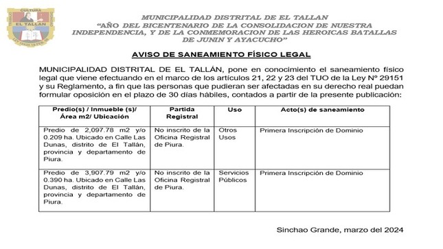 Aviso de saneamiento físico legal