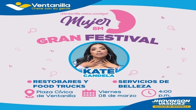 🟡 Vecinas, este viernes 08 de marzo a las 4 p.m. en la plaza Cívica de Ventanilla, prepárense para un festival espectacular en honor al Día Internacional de la Mujer, porque se lo merecen. 🎉 Disfruten de la increíble presentación de la gran Kate Candela🔥 y además podrán consentirse con diferentes servicios de belleza, deleitarse con deliciosos platos en los food trucks y disfrutar de los más ricos tragos y piqueos en los restobares. Todo esto es posible gracias al compromiso del alcalde 𝐉𝐡𝐨𝐯𝐢𝐧𝐬𝐨𝐧 𝐕𝐚𝐬𝐪𝐮𝐞𝐳, por homenajear a todas las mujeres de Ventanilla. ¡No se lo pierdan!
