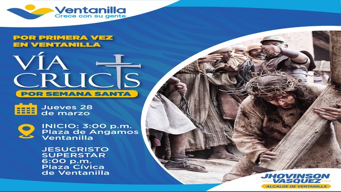 🟡 ¡Ventanilla se prepara para vivir una Semana Santa única! Este jueves 28 de marzo, viviremos un momento histórico, por primera vez, realizaremos el recorrido del Vía Crucis por Semana Santa en Ventanilla. 🙏 El punto de encuentro será la Plaza de Angamos a las 3:00 p.m. y juntos caminaremos hacia la Plaza Cívica, donde culminaremos a las 6:00 p.m. con una emocionante presentación de "Jesucristo Superstar". Gracias a nuestro alcalde 𝐉𝐡𝐨𝐯𝐢𝐧𝐬𝐨𝐧 𝐕𝐚𝐬𝐪𝐮𝐞𝐳 por realizar este evento tan significativo para los vecinos del distrito. ¡No te lo pierdas! 🕊️