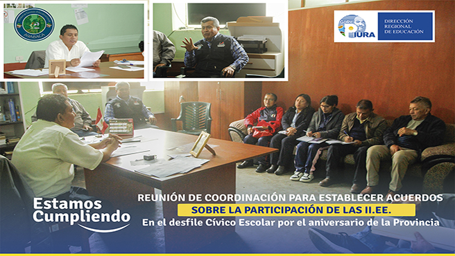 Directores y directoras de las II.EE. del caso urbano de la ciudad de Ayabaca sostuvieron una reunión en dirección de UGEL Ayabaca, para establecer acuerdos sobre la participación de las II.EE. en el desfile cívico escolar por el aniversario de Ayabaca.