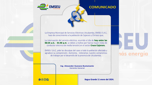 EMSEU S.A.C, restablece servicio interrumpido por robo del conductor eléctrico de media tensión.