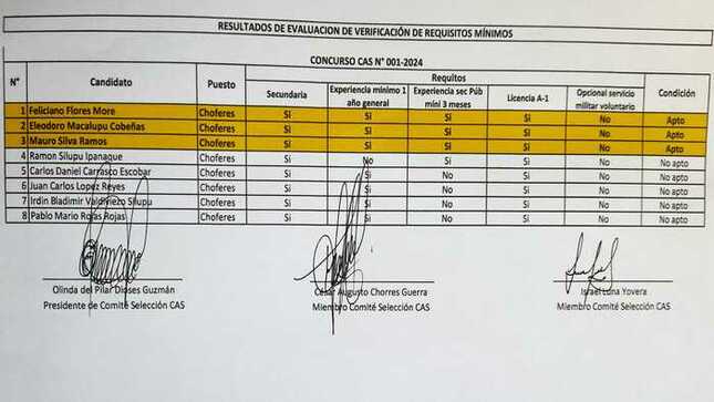 Resultados de evaluación de verificación de requisitos mínimos para el proceso CAS N° 001-2024