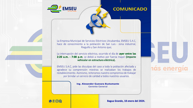 EMSEU S.A.C, restableció servicio interrumpido por el impacto de un vehículo contra una estructura eléctrica.