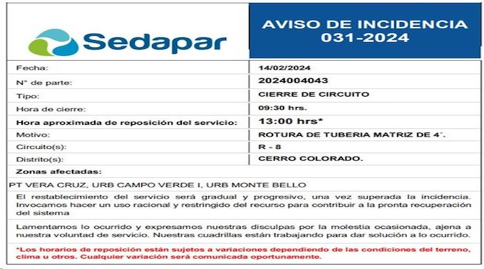 AVISO DE INCIDENCIA 031-2024