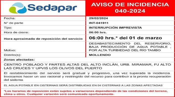 AVISO DE INCIDENCIA 040-2024