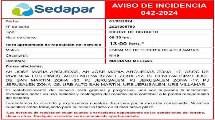 AVISO DE INCIDENCIA 042-2024