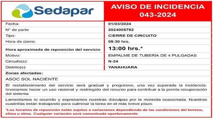 AVISO DE INCIDENCIA 043-2024