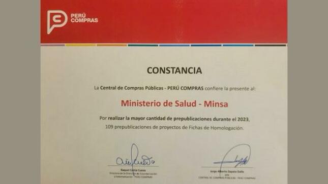 Minsa recibe doble reconocimiento de Perú Compras por mejorar procesos de adquisiciones 