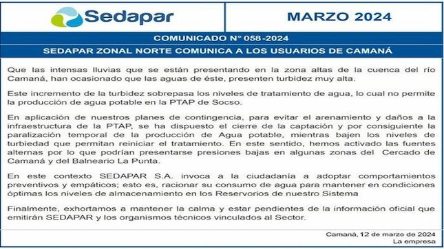 SEDAPAR ZONAL NORTE COMUNICA A LOS USUARIOS DE CAMANÁ