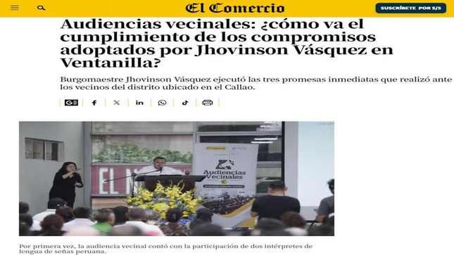 🟡 El diario El Comercio, destacó la gestión de nuestro alcalde 𝐉𝐡𝐨𝐯𝐢𝐧𝐬𝐨𝐧 𝐕𝐚𝐬𝐪𝐮𝐞𝐳, quien viene cumpliendo los compromisos que estableció durante su presentación en la audiencia pública realizada por este medio de comunicación hace unas semanas en Ventanilla. Son tres promesas inmediatas que ya se han ejecutado a la fecha, como la obtención de un presupuesto de 20 millones de soles de parte del Gobierno Regional del Callao. También, el haber gestionado ante el Ministerio de la Mujer y Poblaciones Vulnerables la creación de un nuevo espacio para los adultos mayores del distrito en Pachacútec, y la creación de un cronograma de audiencias descentralizadas con jóvenes en los meses de abril y junio. ¡Ventanilla, Crece con su gente!