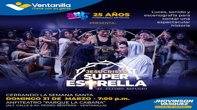 🟡 A todos los vecinos de Ventanilla, los invitamos a ser parte de una noche mágica con la presentación de la aclamada obra teatral "Jesucristo Superstar" que ser-+
á puesta en escena por la agrupación artística juvenil ÁGAPE. No dejes pasar esta oportunidad de sumergirte en esta experiencia teatral llena de pasión y talento. Los esperamos este domingo 31 de marzo, en el anfiteatro del parque La Cabaña, a las 7:00 p.m. ¡No faltes!