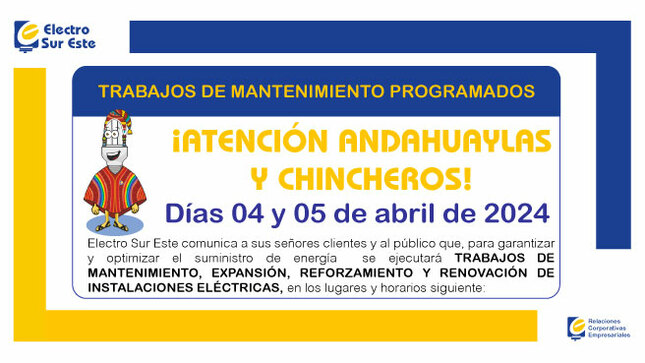 ¡ATENCIÓN ANDAHUAYLAS Y CHINCHEROS! CORTE PROGRAMADO
