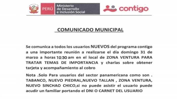 Atención los nuevos usuarios del programa CONTIGO- Sector Panamericana