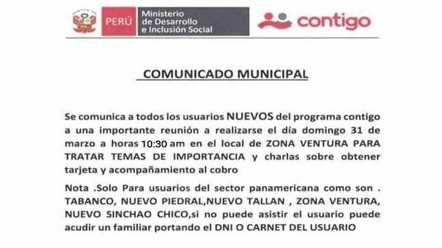 Atención los nuevos usuarios del programa CONTIGO- Sector Panamericana