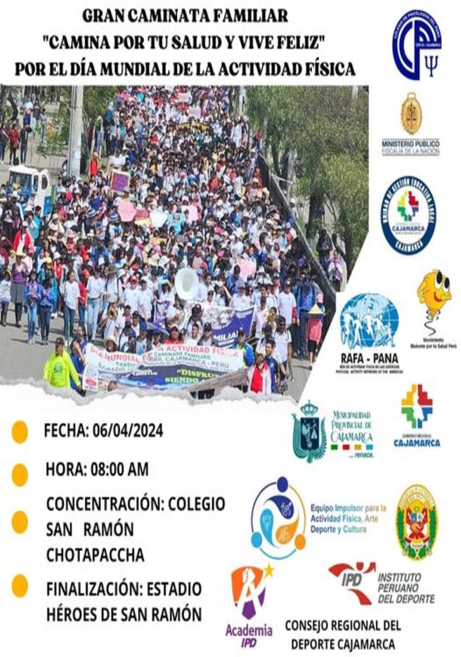 🏃♂️Gran Caminata Familiar🏃♀️
✅ Día Mundial de la Actividad Física🏋️♂️
🗓️ Sábado 6 de abril 2024.
⏰8:00 a.m.
🚸 INICIO: I.E. San Ramón de Chontapaccha.
🏟️FIN: Estadio Héroes de San Ramón.
