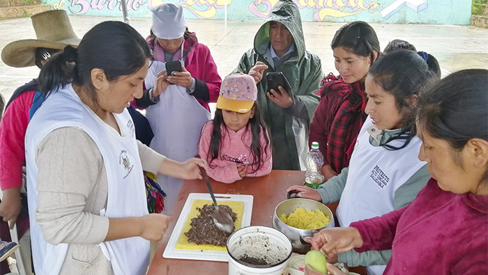 Imagen de la demostración de platos nutritivos del personal de salud a los niños y mamás.