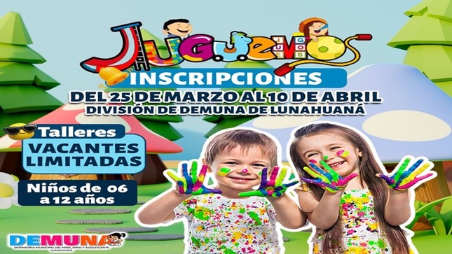 👉🏼 La Gerencia de Desarrollo Social e Inclusión Social a través de la División de la DEMUNA Ponemos en marcha el ciclo de talleres del servicio #JUGUEMOS' del Ministerio de la Mujer y Poblaciones Vulnerables - MIMP. 
🧒👧 ¿QUÉ ES JUGUEMOS? 👉 El programa de "Juguemos" es considerado un medio de bienestar para la niñez que ayuda a superar el estrés en momentos difíciles. Su impacto se puede ver en la recuperación de la salud mental de los niños y niñas, así como también, es clave para la prevención de posibles situaciones de violencia en el hogar y una estrategia para fomentar las relaciones armoniosas en la familia.
📌 Inscripciones abiertas (para niños de seis a doce años de edad), del 25 de marzo al 10 de abril en la División de la #DEMUNA de #Lunahuaná. 
🔴 ¡VACANTES LIMITADAS! 
✅Inscripciones de forma virtual 👉 https://forms.gle/WqwT7qeQSKsQWSWK7
✅ Conoce el cronograma de las sesiones 👉 https://acortar.link/BZA8Gi 
#EnGestionChavelonEsLaSolucion 

𝑺𝒆 𝒓𝒖𝒆𝒈𝒂 𝒔𝒖 𝒅𝒊𝒇𝒖𝒔𝒊𝒐́𝒏 / 𝑼𝒏𝒊𝒅𝒂𝒅 𝒅𝒆 𝑰𝒎𝒂𝒈𝒆𝒏 𝑰𝒏𝒔𝒕𝒊𝒕𝒖𝒄𝒊𝒐𝒏𝒂𝒍