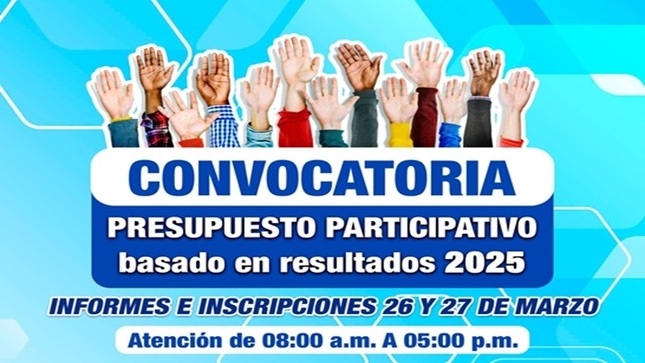 El Presupuesto Participativo Basado en Resultado se enmarca en el nuevo enfoque de la Gestión Pública, en el cual los recursos públicos se asignan, ejecutan y evalúan en función a cambios específicos que se debe alcanzar para mejorar la calidad de vida de la población. 
 Informes e Inscripciones 26 y 27 de marzo 2024
Telefono: (01)  284 1006
Mesa de partes (1er Piso de la Municipalidad) 
Inscripciones Virtual: https://forms.gle/cFzqJKkWBhJaouri7
Link de la Ordenanza Municipal: https://cdn.www.gob.pe/uploads/document/file/6099408/5395335-ord_005.pdf?v=1711217571&fbclid=IwAR3pr18gLRBWV2zld39yxuYNguG6JnTd6biE0LR8x6UAJPENydRb_mh7Q0o_aem_ATYnaqmmAHmGNbfN8m1ZwMupkRsFbg7fQpmSqzWpEWizYYfodyqdwk3oR83nXfaxTOzXGgIrPJxtI07EIzqC2n-o

#EnGestionChavelonEsLaSolucion 

𝑺𝒆 𝒂𝒈𝒓𝒂𝒅𝒆𝒄𝒆 𝒔𝒖 𝒅𝒊𝒇𝒖𝒔𝒊𝒐́𝒏 / 𝑼𝒏𝒊𝒅𝒂𝒅 𝒅𝒆 𝑰𝒎𝒂𝒈𝒆𝒏 𝑰𝒏𝒔𝒕𝒊𝒕𝒖𝒄𝒊𝒐𝒏𝒂𝒍