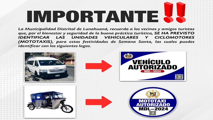 ๐ La Municipalidad Distrital de Lunahuanรก, recuerda a los vecinos y amigos turistas que, por el bienestar y seguridad de la buena prรกctica turรญstica, ๐ฌ๐ ๐ก๐ ๐ฉ๐ซ๐๐ฏ๐ข๐ฌ๐ญ๐จ ๐ข๐๐๐ง๐ญ๐ข๐๐ข๐๐๐ซ ๐ฅ๐๐ฌ ๐ฎ๐ง๐ข๐๐๐๐๐ฌ ๐ฏ๐๐ก๐ข๐๐ฎ๐ฅ๐๐ซ๐๐ฌ ๐ฒ ๐๐ข๐๐ฅ๐จ๐ฆ๐จ๐ญ๐จ๐ซ๐๐ฌ (๐ฆ๐จ๐ญ๐จ๐ญ๐๐ฑ๐ข๐ฌ), para estas festividades de Semana Santa, las cuales puedes identificar con los siguientes logos.
#Comparte