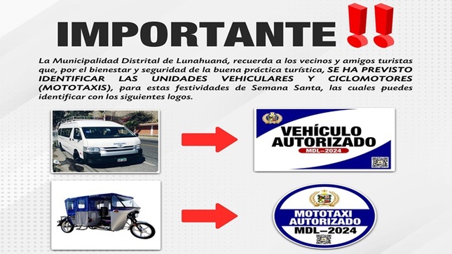 👉 La Municipalidad Distrital de Lunahuaná, recuerda a los vecinos y amigos turistas que, por el bienestar y seguridad de la buena práctica turística, 𝐬𝐞 𝐡𝐚 𝐩𝐫𝐞𝐯𝐢𝐬𝐭𝐨 𝐢𝐝𝐞𝐧𝐭𝐢𝐟𝐢𝐜𝐚𝐫 𝐥𝐚𝐬 𝐮𝐧𝐢𝐝𝐚𝐝𝐞𝐬 𝐯𝐞𝐡𝐢𝐜𝐮𝐥𝐚𝐫𝐞𝐬 𝐲 𝐜𝐢𝐜𝐥𝐨𝐦𝐨𝐭𝐨𝐫𝐞𝐬 (𝐦𝐨𝐭𝐨𝐭𝐚𝐱𝐢𝐬), para estas festividades de Semana Santa, las cuales puedes identificar con los siguientes logos. 

#Comparte
