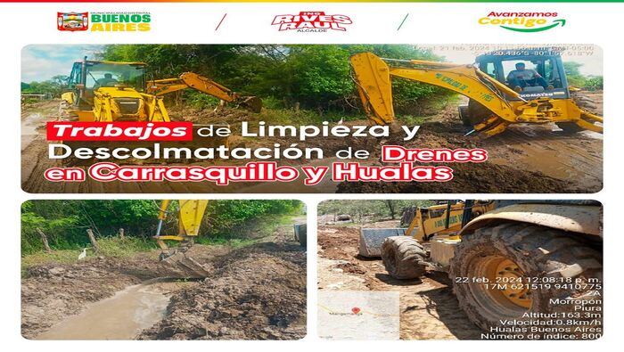 Se realiza trabajos de limpieza y descolmatación de drenes en Carrasquillo y Hualas