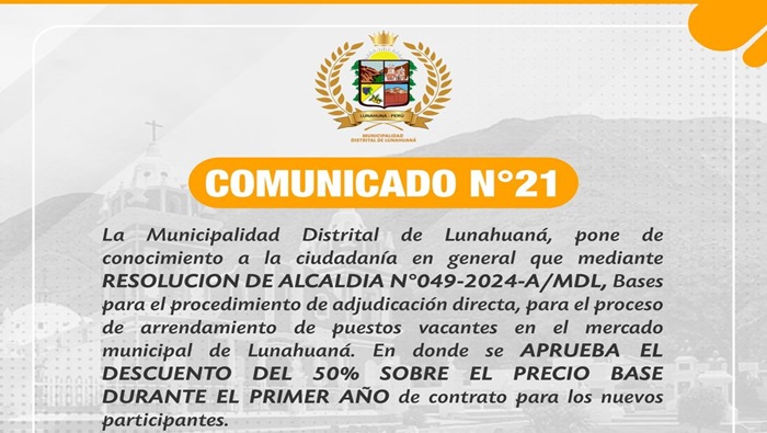 La Municipalidad Distrital de Lunahuanรก, pone de conocimiento a la ciudadanรญa en general que mediante ๐๐๐๐๐๐๐๐๐๐ ๐๐ ๐๐๐๐๐๐๐๐ ๐ยฐ๐๐๐-๐๐๐๐-๐/๐๐๐, Bases para el procedimiento de adjudicaciรณn directa, para el proceso de arrendamiento de puestos vacantes en el mercado municipal de Lunahuanรก. En donde se ๐๐ฉ๐ซ๐ฎ๐๐๐ ๐๐ฅ ๐๐๐ฌ๐๐ฎ๐๐ง๐ญ๐จ ๐๐๐ฅ ๐๐% ๐ฌ๐จ๐๐ซ๐ ๐๐ฅ ๐ฉ๐ซ๐๐๐ข๐จ ๐๐๐ฌ๐ ๐๐ฎ๐ซ๐๐ง๐ญ๐ ๐๐ฅ ๐ฉ๐ซ๐ข๐ฆ๐๐ซ ๐๐งฬ๐จ ๐๐ ๐๐จ๐ง๐ญ๐ซ๐๐ญ๐จ para los nuevos participantes.
Atentamente;
Comitรฉ Para La Adjudicaciรณn de Puestos del Mercado Municipal de Propiedad de La MDL
#EnGestionChavelonEsLaSolucion
๐บ๐ ๐๐๐๐๐
๐๐๐ ๐๐ ๐
๐๐๐๐๐๐ฬ๐ / ๐ผ๐๐๐
๐๐
๐
๐ ๐ฐ๐๐๐๐๐ ๐ฐ๐๐๐๐๐๐๐๐๐๐๐๐