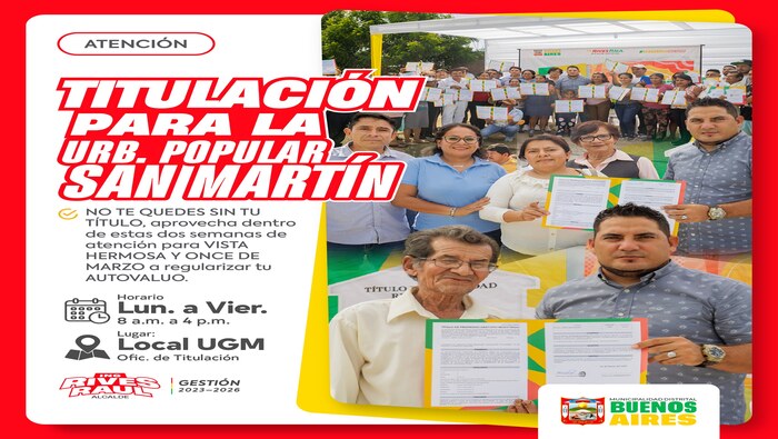 Titulaciรณn para urb. popular San Martin