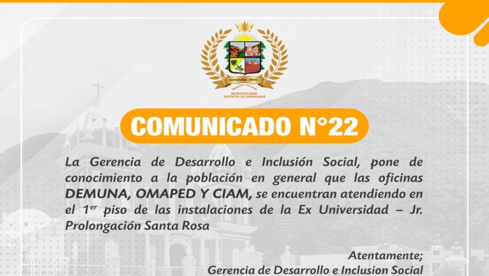 La Gerencia de Desarrollo e Inclusión Social, pone de conocimiento a la población en general que las oficinas DEMUNA, OMAPED Y CIAM, se encuentran atendiendo en el 1er piso de las instalaciones de la Ex Universidad – Jr. Prolongación Santa Rosa
Atentamente;
Gerencia de Desarrollo e Inclusión Social
#EnGestionChavelonEsLaSolucion
𝑺𝒆 𝒂𝒈𝒓𝒂𝒅𝒆𝒄𝒆 𝒔𝒖 𝒅𝒊𝒇𝒖𝒔𝒊𝒐́𝒏 / 𝑼𝒏𝒊𝒅𝒂𝒅 𝒅𝒆 𝑰𝒎𝒂𝒈𝒆𝒏 𝑰𝒏𝒔𝒕𝒊𝒕𝒖𝒄𝒊𝒐𝒏𝒂𝒍