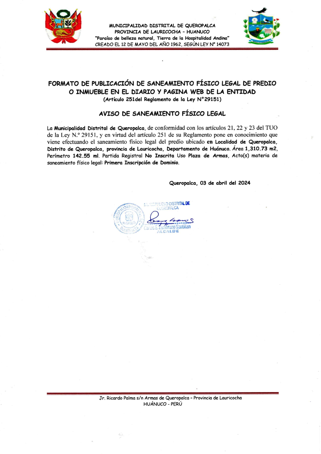 Saneamiento Físico Legal de predio o inmueble