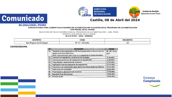 Convocatoria para cubrir facilitadores en alfabetización vacantes en el programa de alfabetización
San Miguel de El Faique