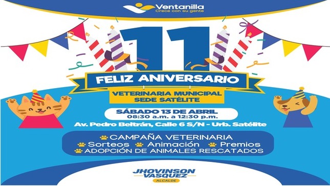 🟡 Celebramos con nuestros vecinos y sus mascotas el 11° aniversario de la veterinaria municipal “Somos Patas”. Gracias a la iniciativa de nuestro alcalde 𝐉𝐡𝐨𝐯𝐢𝐧𝐬𝐨𝐧 𝐕𝐚𝐬𝐪𝐮𝐞𝐳, estaremos llevando a cabo una gran campaña con servicios veterinarios gratuitos, adopción de animales rescatados, sorteos y muchas sorpresas más. Te invitamos este sábado 13 de abril, a nuestra sede central, en la Av. Pedro Beltrán, altura de la Calle 6 de Ciudad Satélite, desde las 8:30 a.m. ¡Te esperamos!