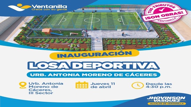 🟡 ¡Celebremos juntos la inauguración de una losa deportiva en Ciudad del Deporte! Un nuevo espacio para la práctica de diferentes disciplinas siempre es importante para el bienestar y sano entretenimiento de nuestros vecinos, un momento de alegría para la comunidad. Únete a nosotros en la gran apertura, este 11 de abril desde las 4:30 p.m. te esperamos con tu familia y amigos a disfrutar de este moderno recinto deportivo. ¡Ventanilla crece con su gente!
