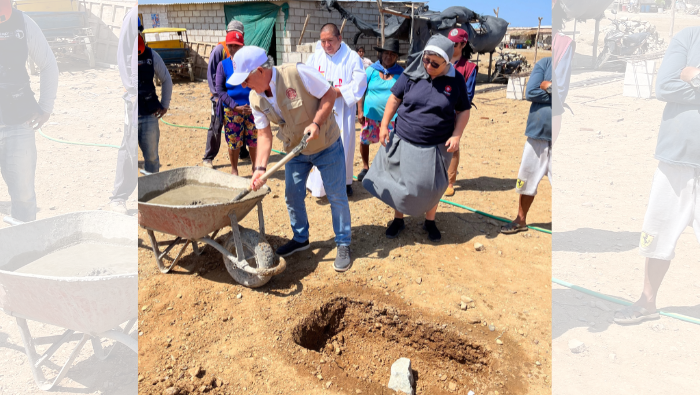 Cancillería Trujillo coloca primera piedra de sala multipropósito para familias damnificadas por las lluvias en Tahuantinsuyo, Chepén