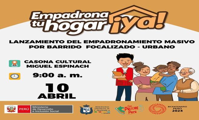 Participa del lanzamiento del empadronamiento masivo por barrido focalizado - urbano.
๐Casona Cultural Miguel Espinach
๐ 9:00 a. m.
๐๏ธ 10 de abril