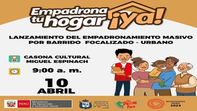 Participa del lanzamiento del empadronamiento masivo por barrido focalizado - urbano. 
📍Casona Cultural Miguel Espinach 
🕐 9:00 a. m.
🗓️ 10 de abril