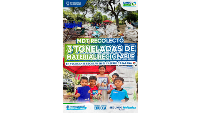 MDT RECOLECTA 3 TONELADAS DE MATERIAL RECICLABLE EN #ECOCANJE ESCOLAR EN EL CASERÍO CASARANÁ