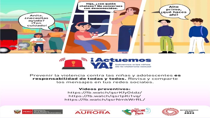 🟡 El Ministerio de la Mujer y Poblaciones Vulnerables nos llama a la acción con la alerta ¡Actuemos Ya! para prevenir la violencia contra niñas y adolescentes. Es responsabilidad de todos cuidar de ellas, y nuestro alcalde 𝐉𝐡𝐨𝐯𝐢𝐧𝐬𝐨𝐧 𝐕𝐚𝐬𝐪𝐮𝐞𝐳 está comprometido con el bienestar de todas sus vecinas. Juntos, ¡podemos hacer la diferencia!