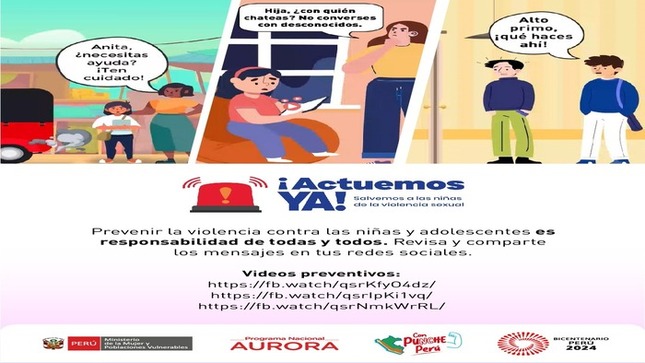 🟡 El Ministerio de la Mujer y Poblaciones Vulnerables nos llama a la acción con la alerta ¡Actuemos Ya! para prevenir la violencia contra niñas y adolescentes. Es responsabilidad de todos cuidar de ellas, y nuestro alcalde 𝐉𝐡𝐨𝐯𝐢𝐧𝐬𝐨𝐧 𝐕𝐚𝐬𝐪𝐮𝐞𝐳 está comprometido con el bienestar de todas sus vecinas. Juntos, ¡podemos hacer la diferencia!