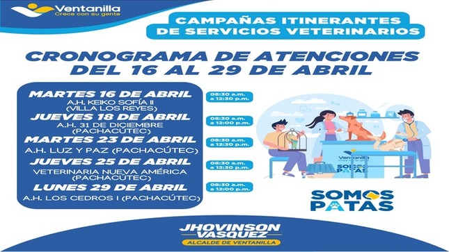 🟡 ¡Atención vecinos! 🐾 Del 16 al 29 de abril, la Municipalidad de Ventanilla, gracias a nuestro alcalde 𝐉𝐡𝐨𝐯𝐢𝐧𝐬𝐨𝐧 𝐕𝐚𝐬𝐪𝐮𝐞𝐳, te trae campañas itinerantes de servicios veterinarios en diferentes puntos del distrito, de 8:30 a.m. a 12:00 p.m. ¡Cuida la salud de tus engreídos de cuatro patas y únete a esta iniciativa! 🐶