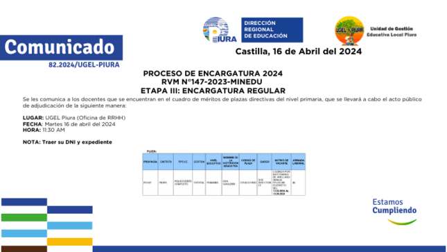 Proceso de Encargatura 2024 RVM N°147-2023-MINEDU  Etapa III: Encargatura Regular