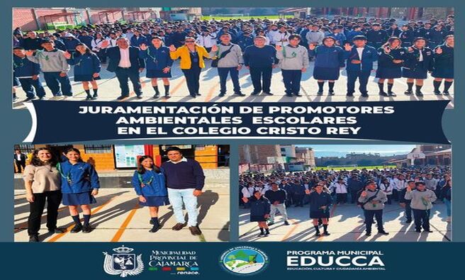 🖐🏻En el marco del Programa Municipal EDUCCA, esta mañana se realizó la juramentación de 36 Promotores Ambientales Escolares (PAE) en la Institución Educativa Cristo Rey.
✅Los Promotores Ambientales Escolares, son líderes ambientales, formados para generar conciencia, participación y cultura ambiental entre los miembros de su institución educativa y fuera de esta, en sus casas, barrios y otras instituciones educativas.
📌El personal capacitado de la comuna local, capacitará a los PAE, con charlas y talleres, en diferentes temas, como: el rol de los promotores ambientales escolares, los problemas ambientales globales  y los impactos  locales y las buenas prácticas ambientales  dentro de la escuela.