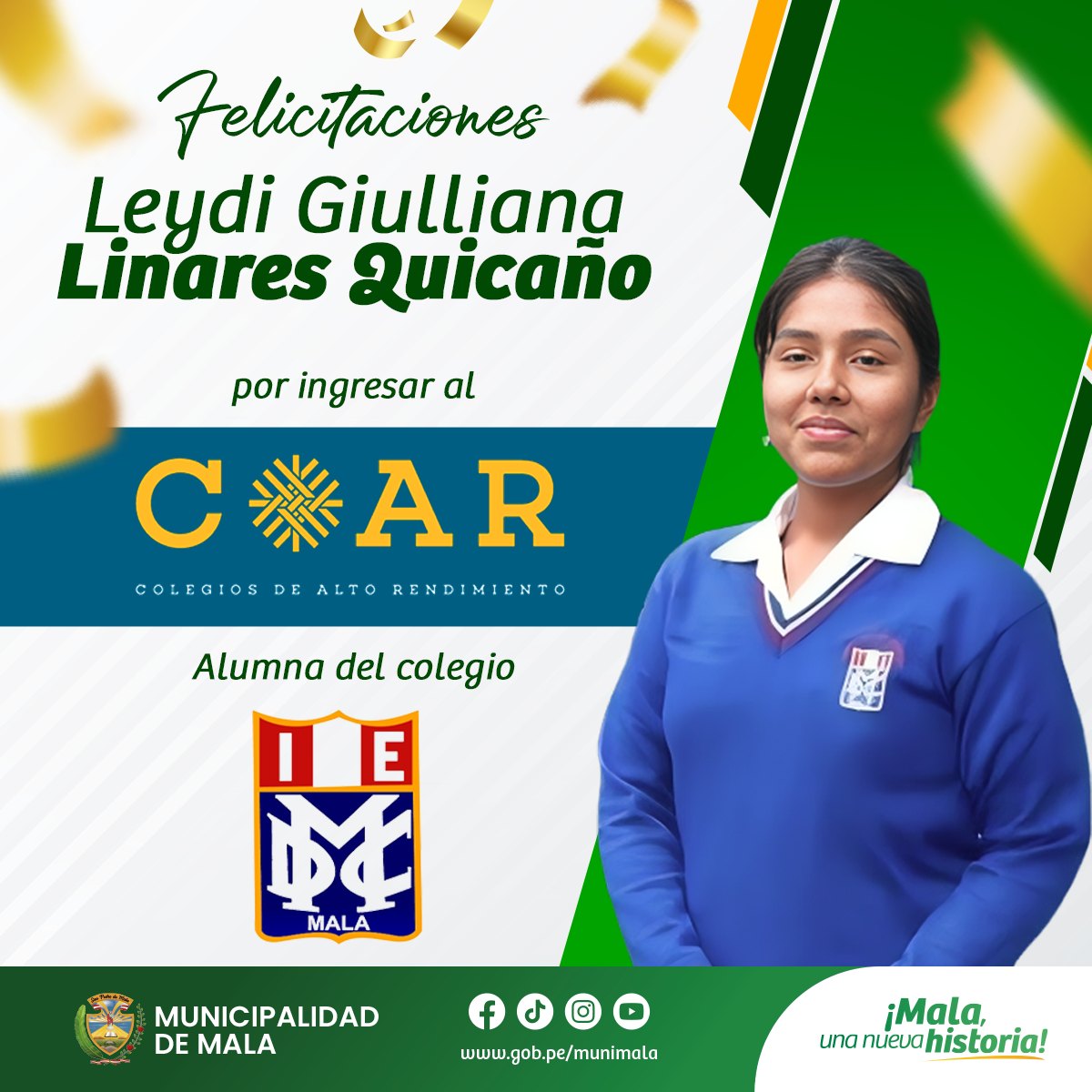 La Municipalidad Distrital de Mala hace llegar el extensivo saludo y felicitaciones a la Alumna Leydi Guilliana Linares Quicaño del Colegio IE Dionisio Manco Campos, por haber ingresado al Colegio de Alto Rendimiento (COAR), recordemos que Leydi Linares participo en el Taller de Inducción – Admisión COAR 2024 organizado por la Municipalidad de Mala a través de la Subgerencia de Educación, Cultura y Deporte.
Desde nuestra gestión, trabajamos siempre por brindar oportunidades de crecimiento a la juventud maleña.
#𝙈𝙖𝙡𝙖, 𝙪𝙣𝙖 𝙣𝙪𝙚𝙫𝙖 𝙝𝙞𝙨𝙩𝙤𝙧𝙞𝙖 🌄