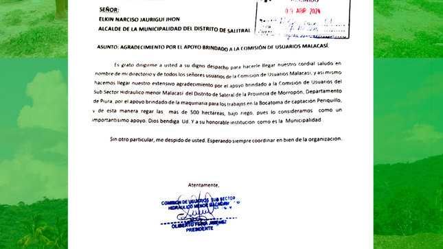 Comisión de usuarios del Sub Sector de Hidráulico menor Malacasí agradece apoyo a la Municipalidad