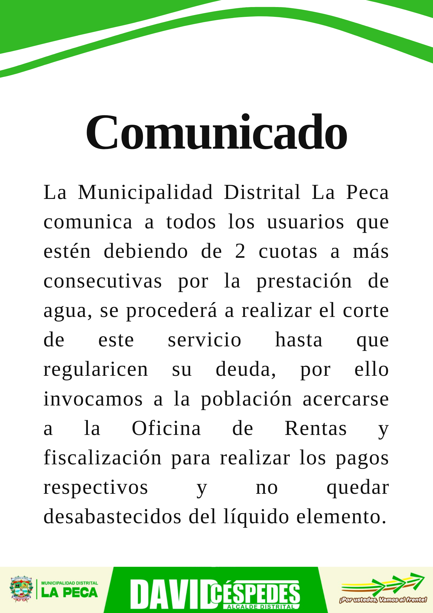 Comunicado de Corte del servicio de agua por morosidad