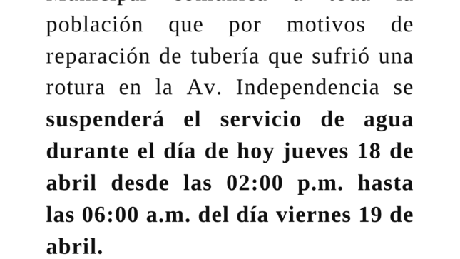 Comunicado corte del servicio de agua