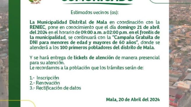 La Municipalidad Distrital de Mala Comunica que se Continuará con la Campaña Gratuita de DNI para Menores de Edad y Mayores de 60 Años