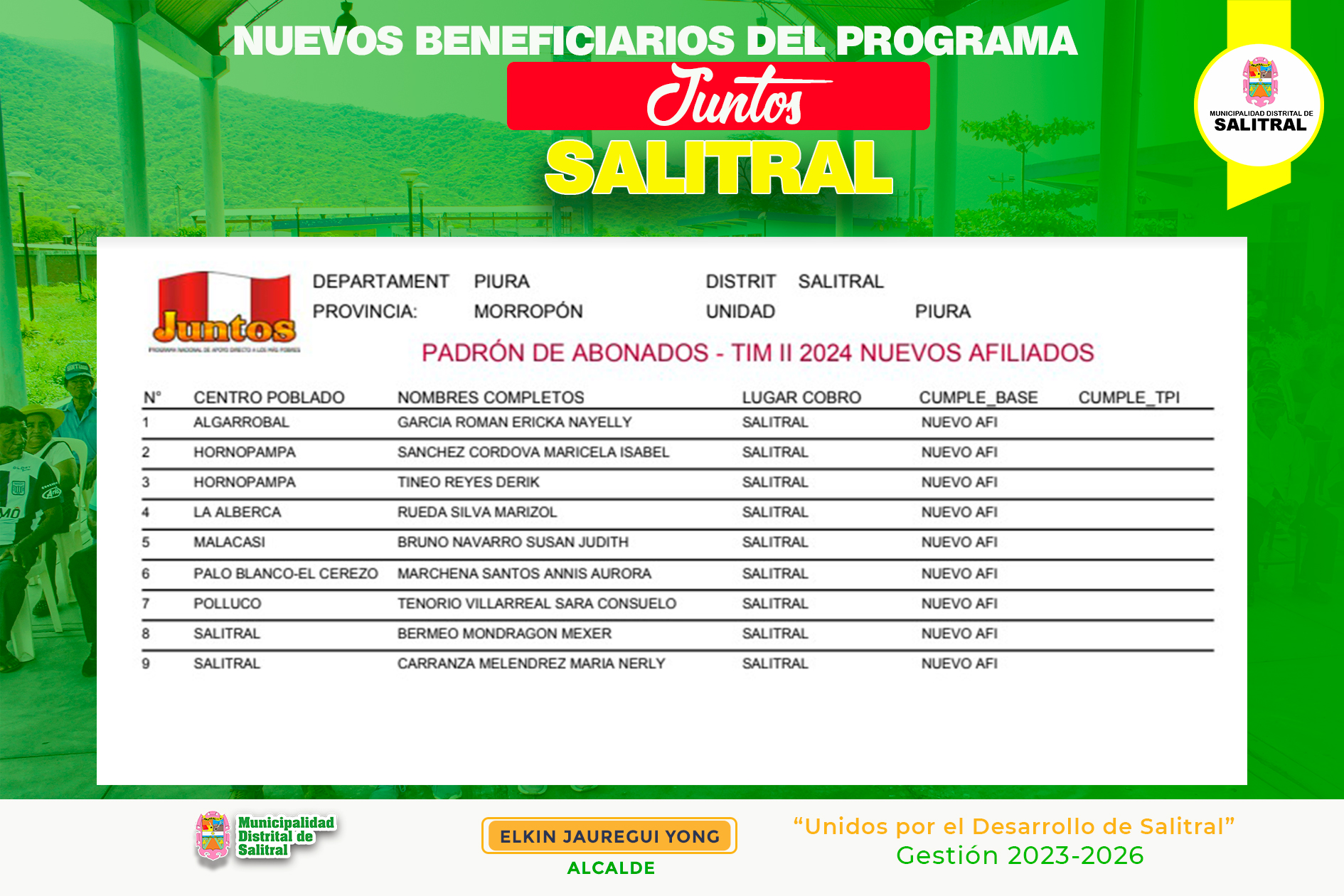 Nuevos Beneficiarios del Programa “JUNTOS”