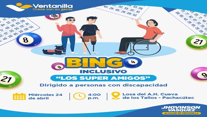 馃煛 Con gran entusiasmo invitamos a nuestros vecinos con habilidades diferentes a participar en el gran bingo inclusivo "Los Super Amigos". Este evento gratuito, impulsado por nuestro alcalde 饾悏饾悺饾惃饾惎饾悽饾惂饾惉饾惃饾惂 饾悤饾悮饾惉饾惇饾惍饾悶饾惓, promete una tarde llena de diversi贸n y muchas sorpresas. Un momento para celebrar la uni贸n, la inclusi贸n y la alegr铆a de estar juntos. Te esperamos en este mi茅rcoles 24 de abril en la losa del A.H. Cueva de Los Tallos de Pachac煤tec, a las 4:00 p.m. 隆No te lo pierdan!